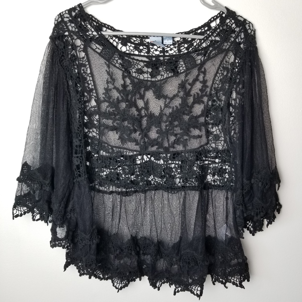 Pink Melo black sheer mesh lace crochet witchy boho top M